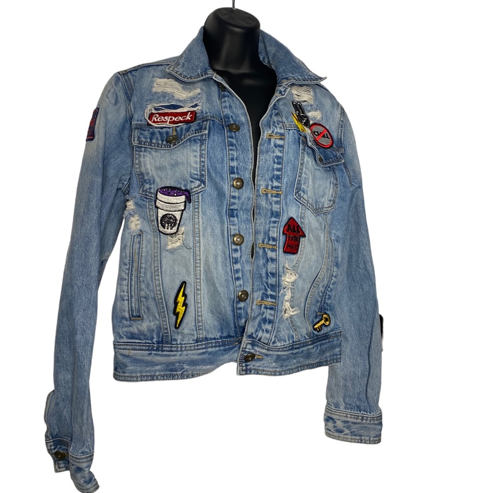 Born Fly Blue Jean Distressed Patch Jacket - Picture 1 of 7